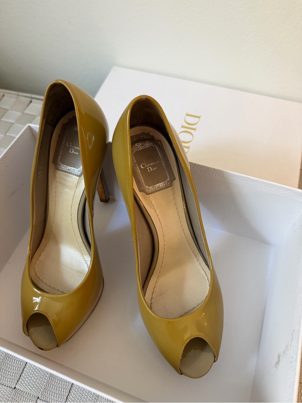 Christian Dior Miss Dior Mustard Patent Peep-Toe Heels